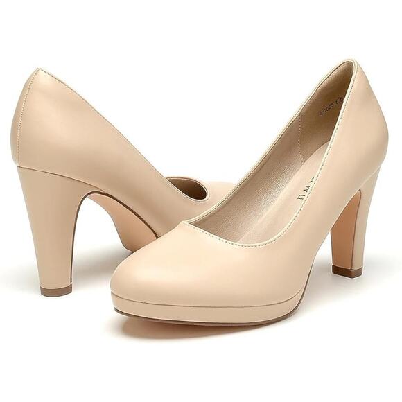 WuORW Women's Round Toe Low Platform High Heel Pump Office Work Dress Nude - Picture 4 of 6